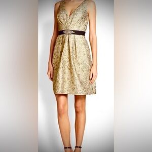 AIDAN MATTOX  Gold Jacquard 
V Neck Sleeveless Dress 8